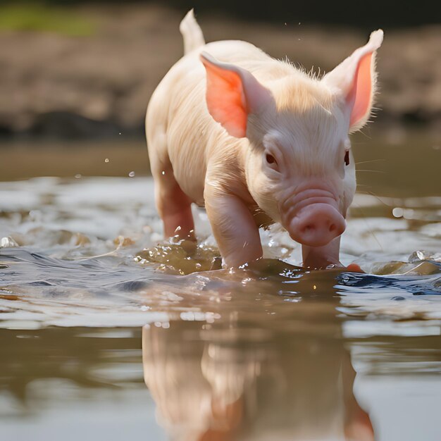 a pig in the water with its ears sticking out of its mouth