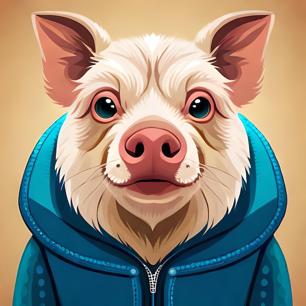 A pig wearing a blue jacket with a hoodie that says pig on it