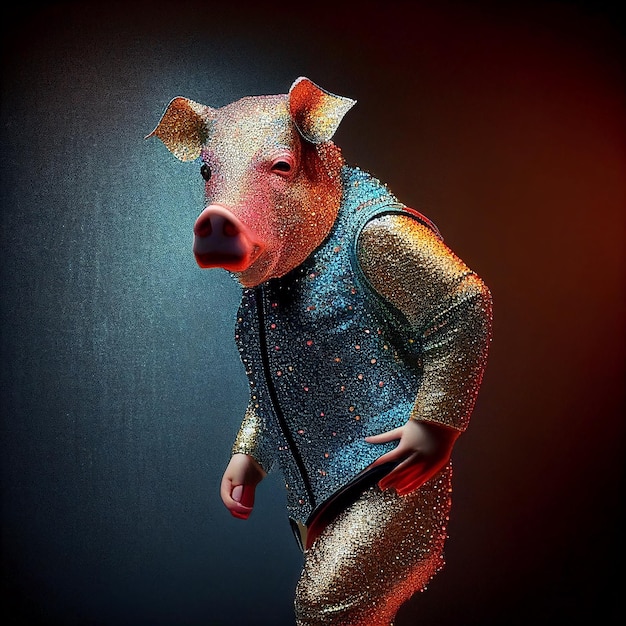 A pig wearing a blue vest and a vest with sequins on it.