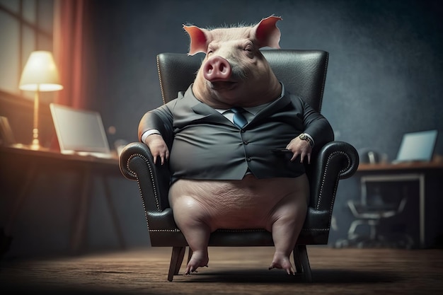 Pig wearing a classy suit sitting in the executive chair Generate AI