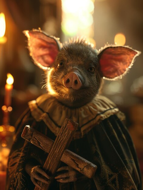 a pig wearing a costume with a wooden handle and a wooden cross on it