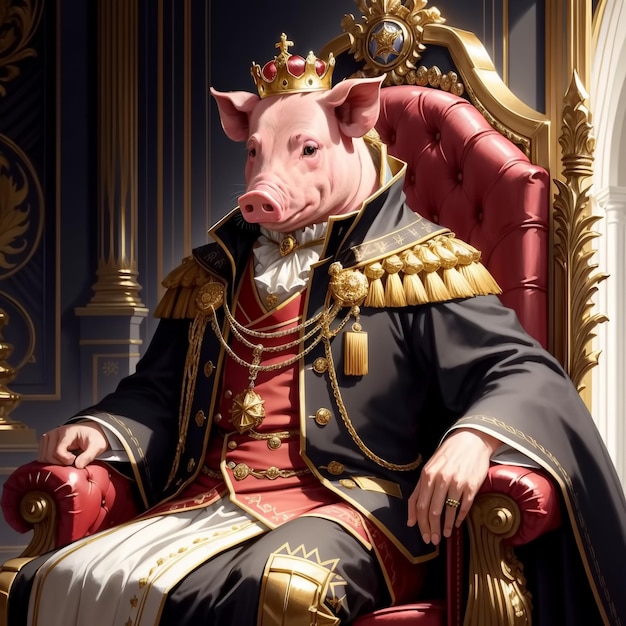 Pig wearing crown in throne room Generative AI