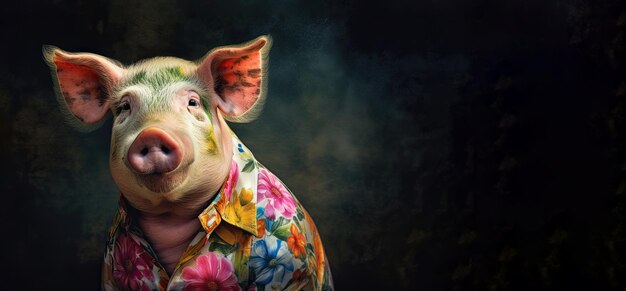 Pig wearing a flower print shirt in the style of photorealistic portraits tropical symbolism with a dark background Generative AI