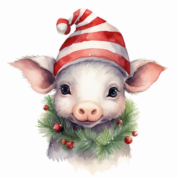 A pig wearing a hat with red berries and a red bow.