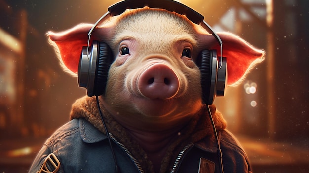 A pig wearing a headphones and wearing a jacket