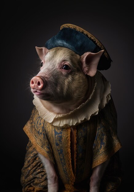 Photo pig wearing a historical costume