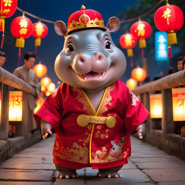 Photo a pig wearing a kimono with chinese lanterns around it
