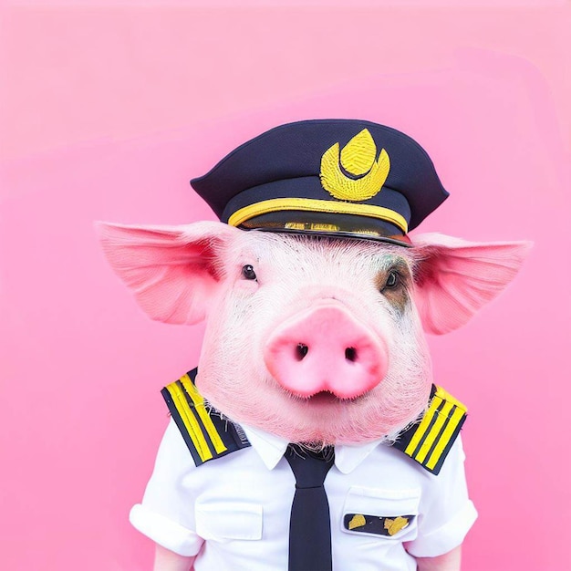 A pig wearing a pilot uniform and a shirt
