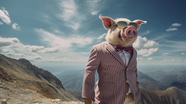 Photo a pig wearing a suit and sunglasses on a mountain generative ai image