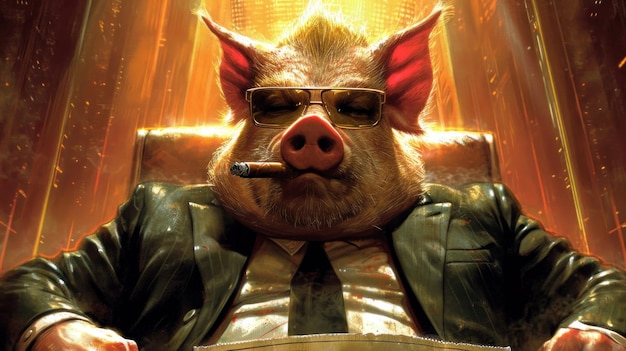 A pig wearing a suit and tie smoking a cigar ai