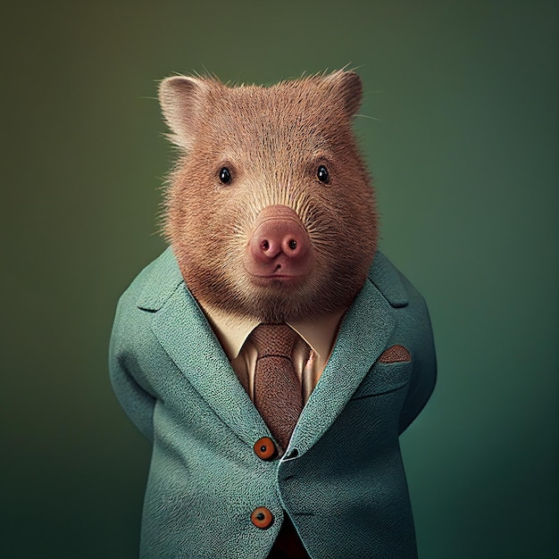 A pig wearing a suit and tie with the word pig on it