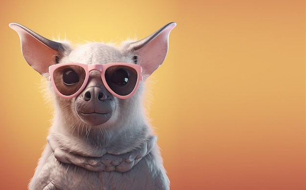 A pig wearing sunglasses and a pink bow tie