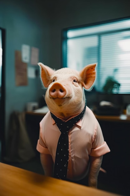 Pig wearing tie and pink shirt in office cubicle Generative AI