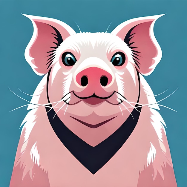 A pig with a black bow tie and a blue background