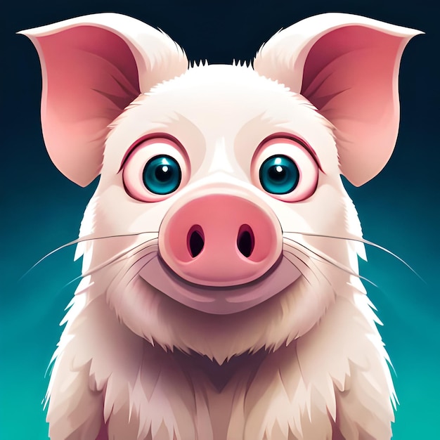 A pig with blue eyes and a green background