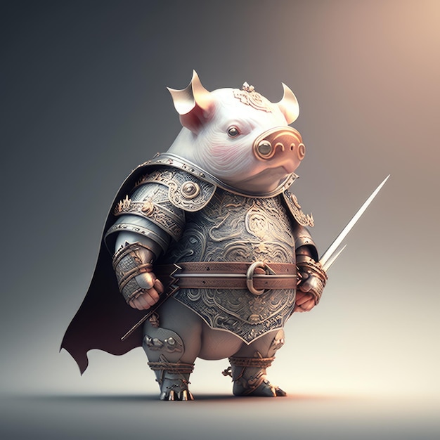 A pig with a cape and a sword is standing in front of a grey background.