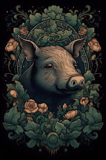 A pig with a floral background and a pig head.