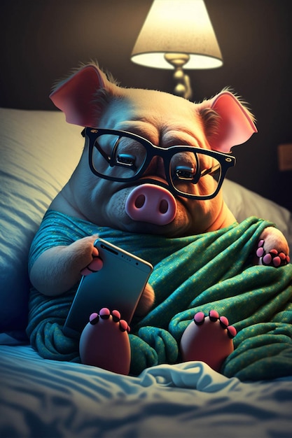 Pig with glasses reading a book on a bed generative ai