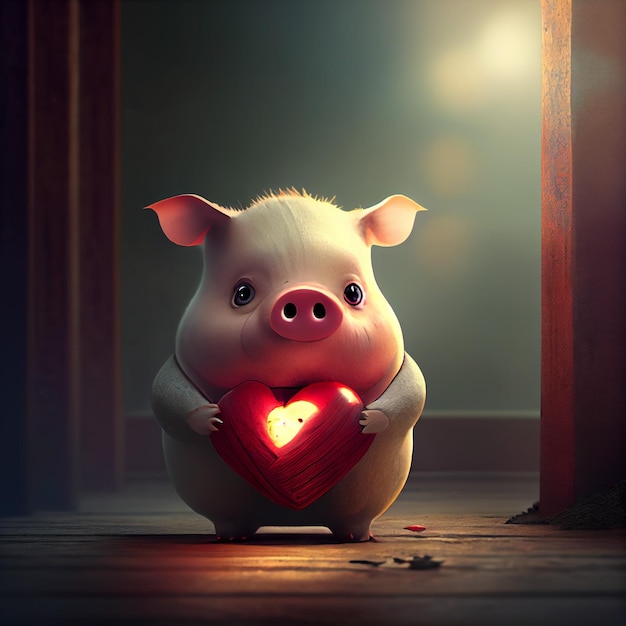 A pig with a heart in his hands is holding a red heart.