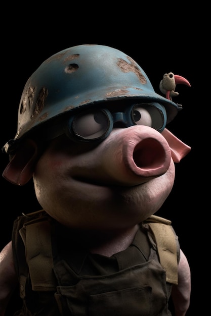 Photo pig with a helmet and a bird on it