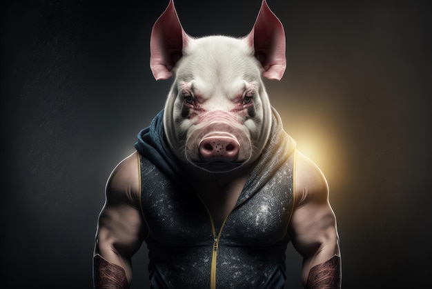 A pig with a hoodie and a hoodie stands in front of a dark background.