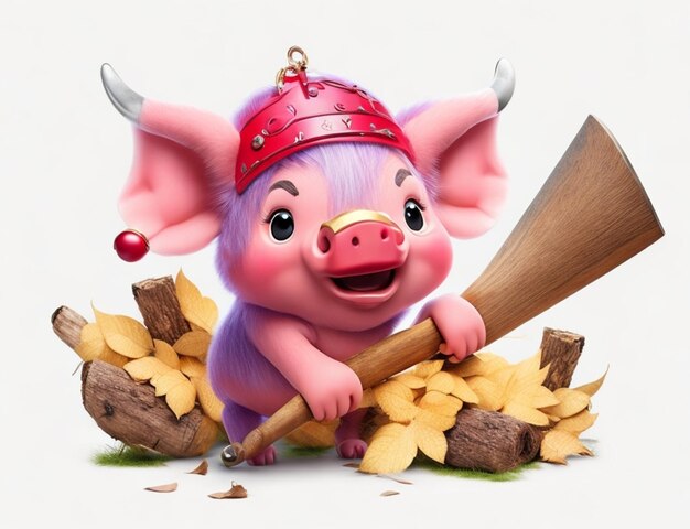 A pig with a horn and a wooden handle holds a large wooden hammer