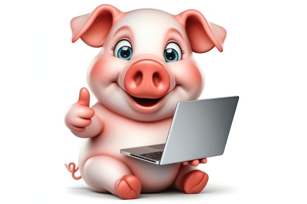 pig with laptop online shopping showing thumbs up on white background