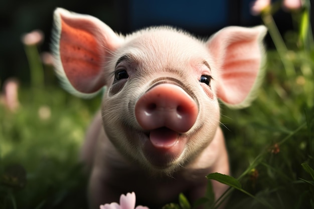 A pig with a pink nose is in a field of flowers.