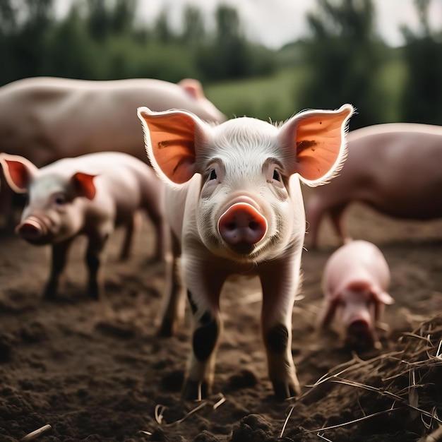 Photo a pig with a pink nose is standing in a field with pigs