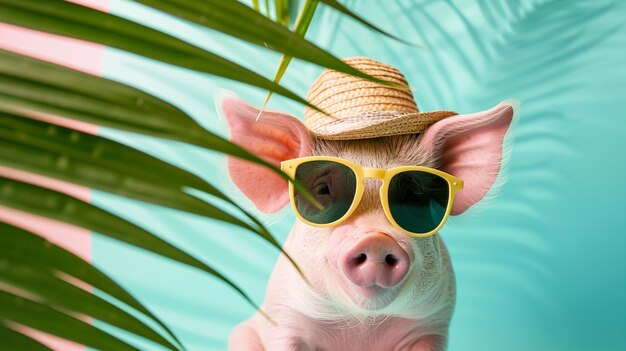 파스텔 여름 배경에  잎 아래의 돼지 선글라스와 모자 Generative Ai