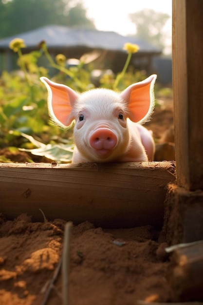 Photo a pig in a wooden box with the words pig on it