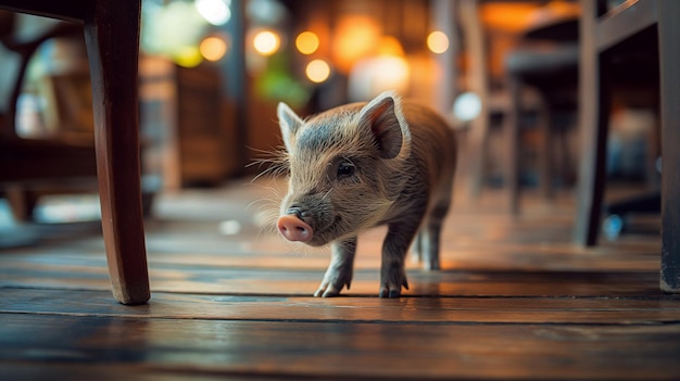 a pig on a wooden floor with the light on it