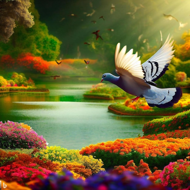 Pigeon flying a garden with lake