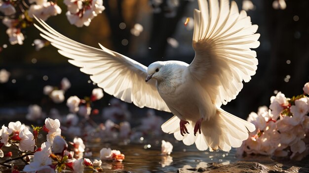 Photo a pigeon flying into white flower