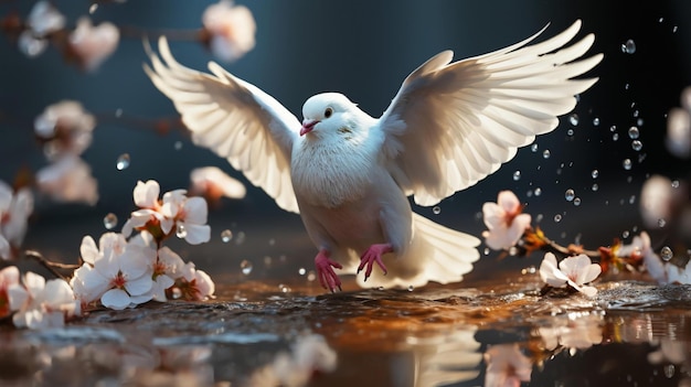 Photo a pigeon flying into white flower