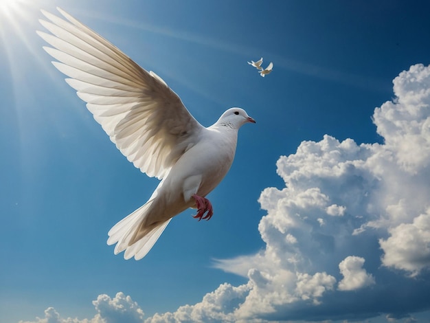 a pigeon flying in the sky with the sun shining through the clouds