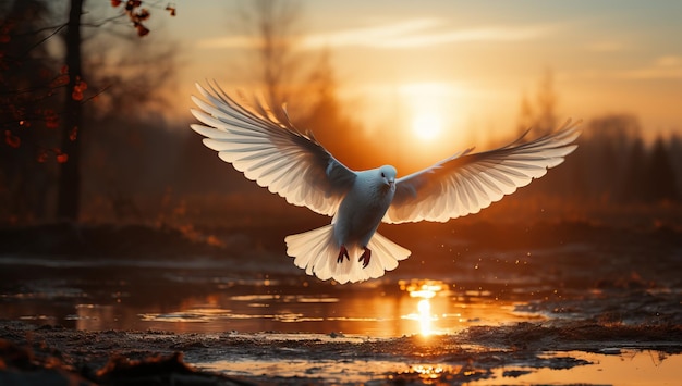 Голубь летит на закате над озером