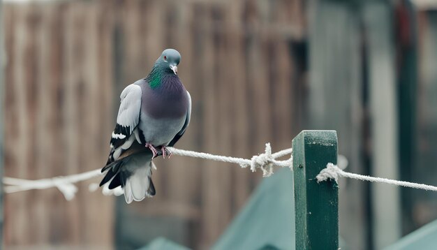 Photo a pigeon is perched on a wire with a green fence in the background