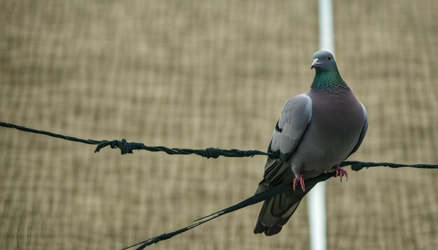 Photo a pigeon is sitting on a wire with a fence in the background