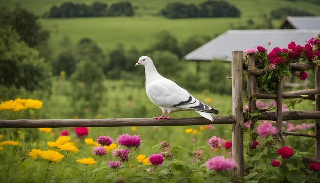 Photo a pigeon sits on a fence in a field of flowers