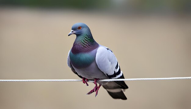 Photo a pigeon sits on a wire with a blurry background