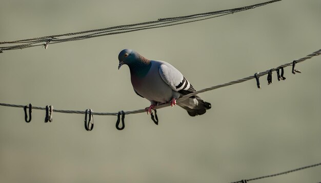 a pigeon sits on a wire with a wire in the background