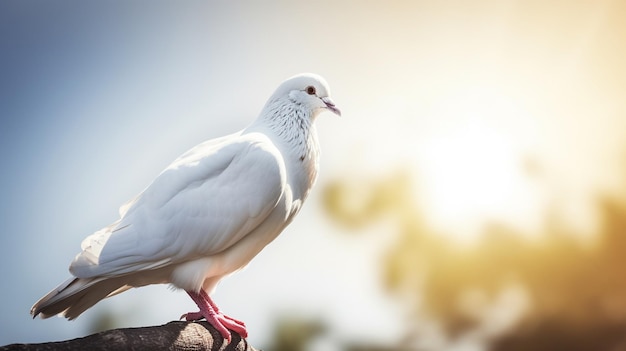 푸른 하늘과 구름을 배경으로 나뭇가지에 앉아 있는 비둘기 국제 평화의 날 개념