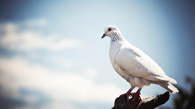 Pigeon sitting on a branch with blue sky and clouds background International Peace Day Concept