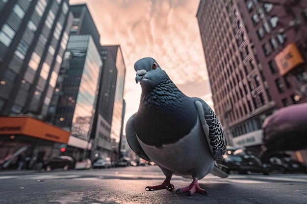 Photo a pigeon stands on the street in front of a building