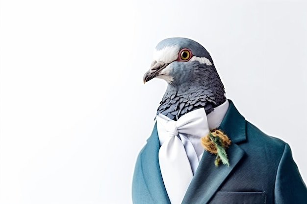 a pigeon wearing a suit and tie with a bow tie