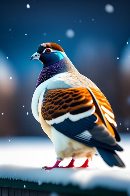 A pigeon with blue feathers and a red head sits on a snowy surface.