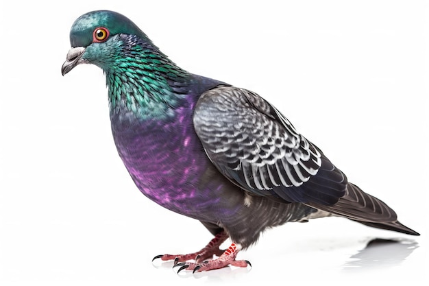 A pigeon with a purple and green feathers is standing on a white background.