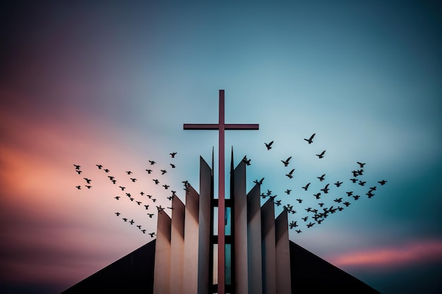Pigeons fly around the cross of a church during holy week a religious festival AI generative