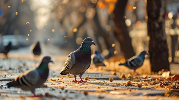 Pigeons gather around crumbs on a sunny city sidewalk